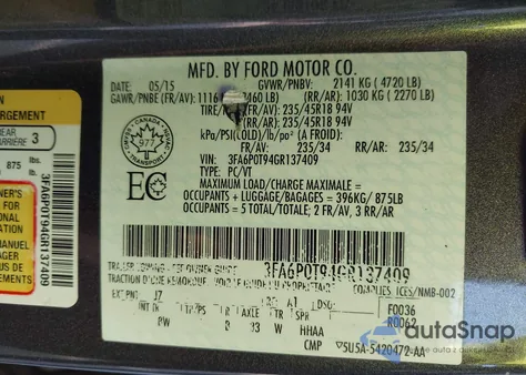 2016 Ford Fusion Se from USA, damaged, VIN 3FA6P0T94GR137409